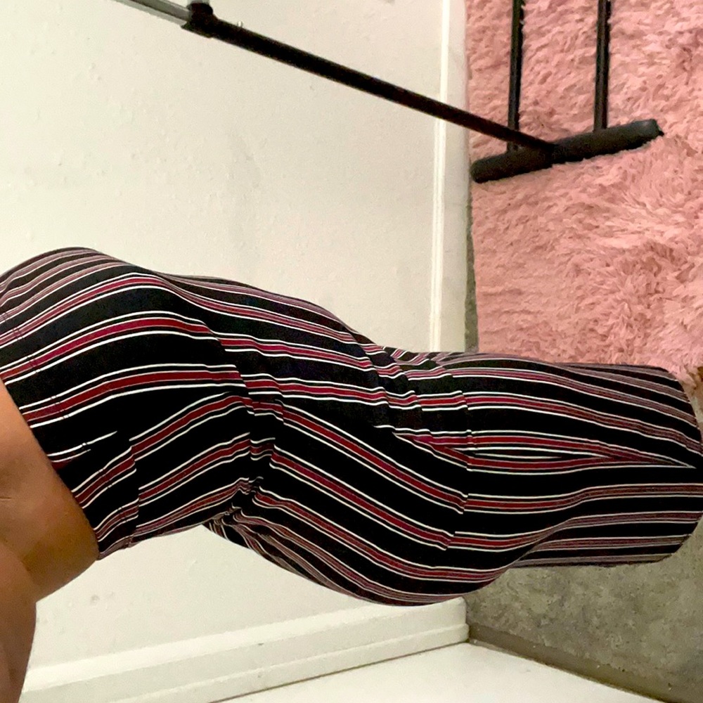Black, burgundy, and white striped colored halter dress